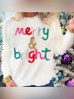 Women’s White 'Merry & Bright' Crewneck Sweater ❤️🎄💚 NWT Medium